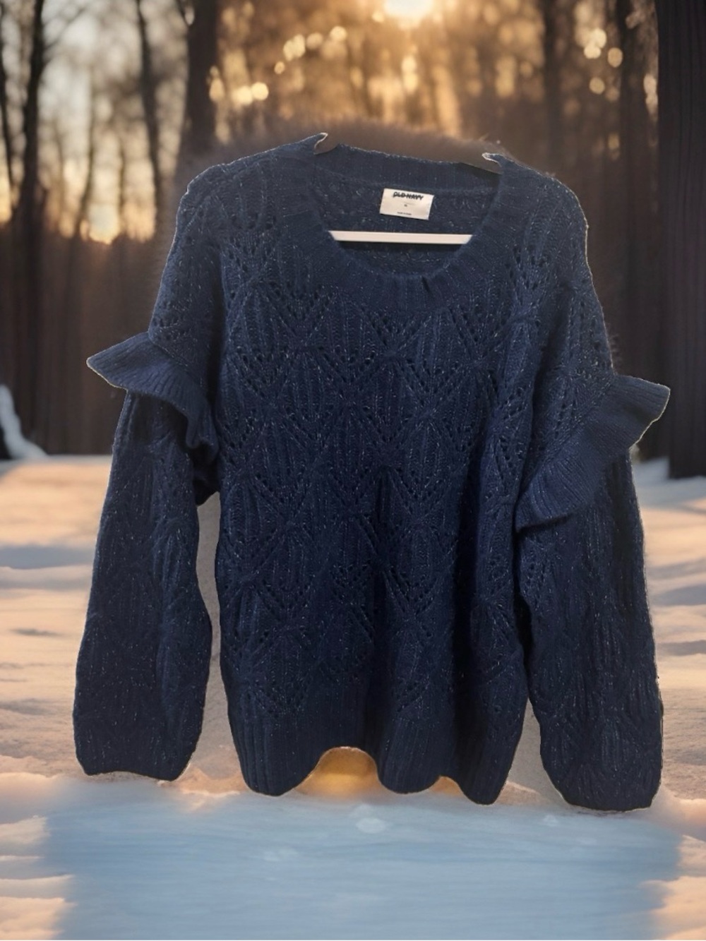 Old Navy Women's XL Blue Knit Pullover Sweater Round Neck Ruffle Long Sleeve